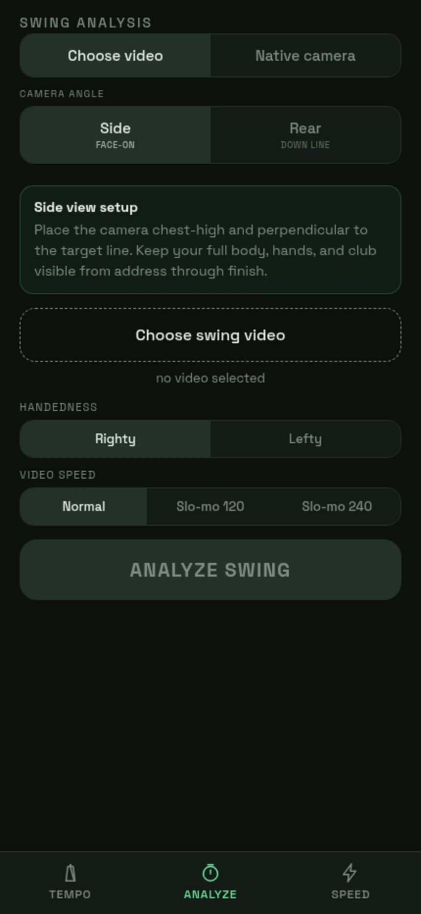 GolfDaddy swing-analysis setup screen on Android